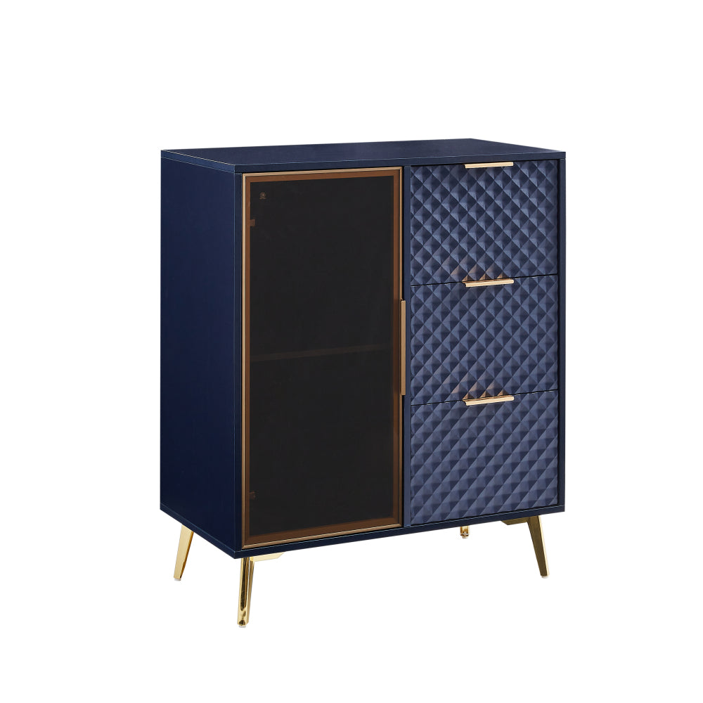 Deluxe Carved Modern Fashion Style Chest of Drawers with Aluminum Alloy Frame Tempered Glass Doors Three Drawer Chest with Metal Legs Adjustable Feet, Dark Blue,31.5"L x 15.7"W x 37.6"H