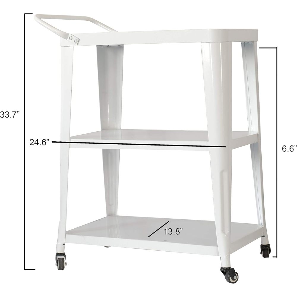 3-Tiered Metal Frame, Industrial Dining Cart with Swivel Wheels, White