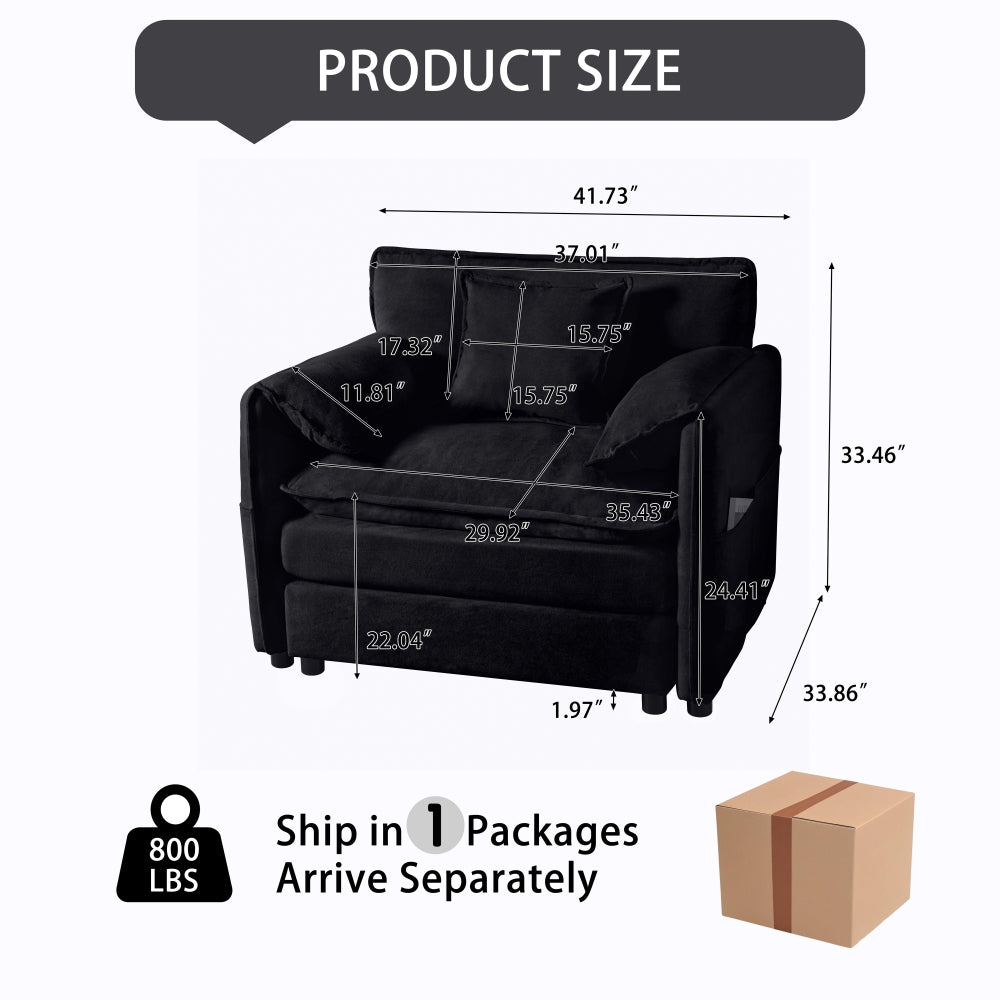 Oversized 41.73" Sofa Chair, Modern Upholstered Armchair with 1 Toss Pillow, Modular Sectional Sofa for Living Room, Deep Seat Reading Sofa for Bedroom Apartment, DIY Combination Chenille,Black