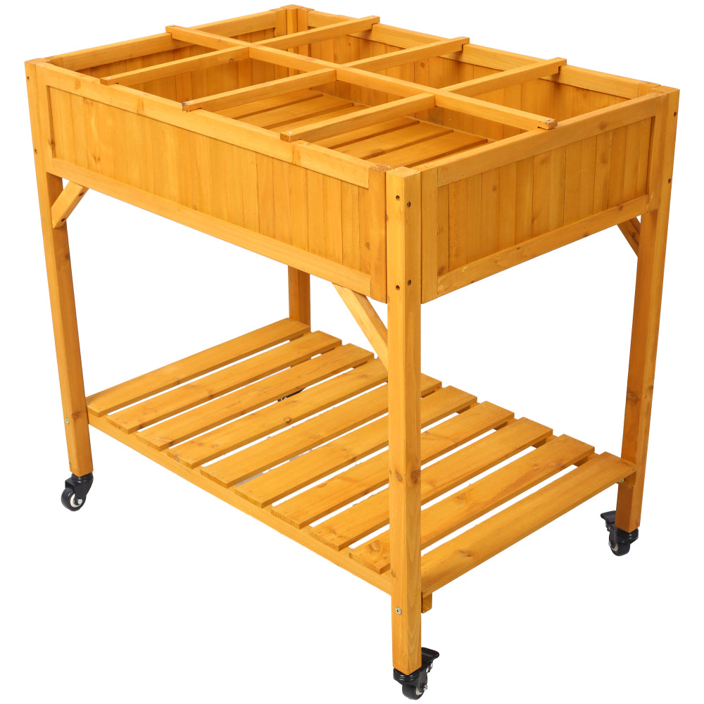 Elevated 8 Pocket Herb Garden Bed, Mobile Raised Customizable Wood Planter for Herbs, Vegetables, Flowers w/ Lockable Wheels, Storage Shelf, Drainage Holes