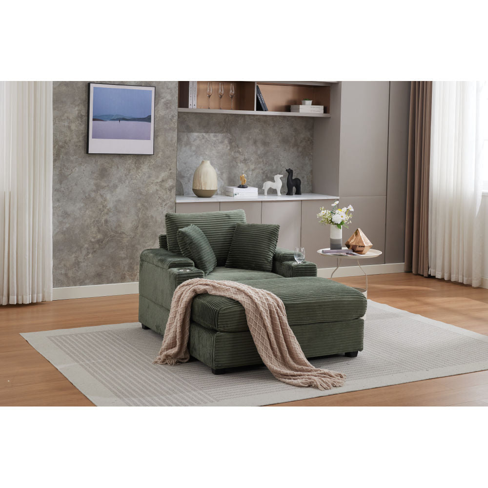 [VIDEO/New]Corduroy Upholstered Chaise Lounge Sofa with Handrail storage ,Movable ottoman,Cupholders,Detachable Cushions Deep Seat for Living Room Office,3 colour