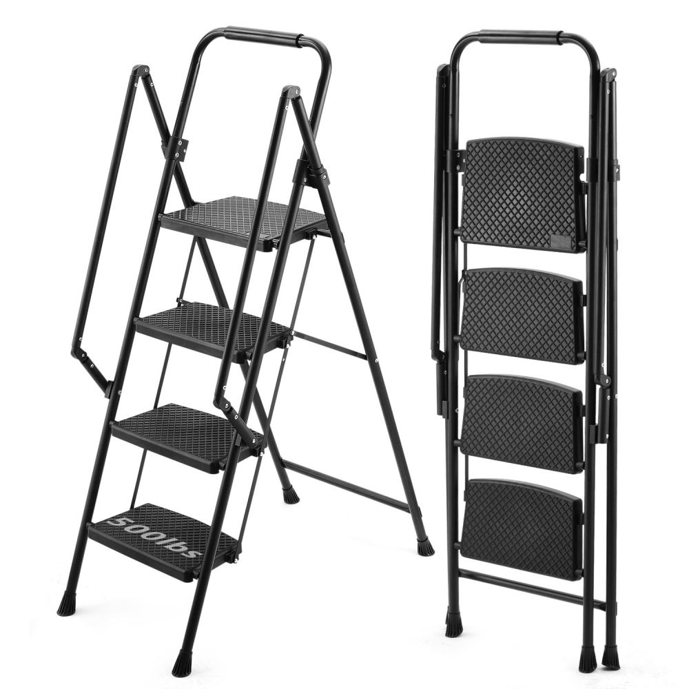 5-step ladder, folding ladder stool, with anti slip wide pedals, steel ladder, with safety anti slip handle, lightweight 300 pound portable steel ladder stool in black