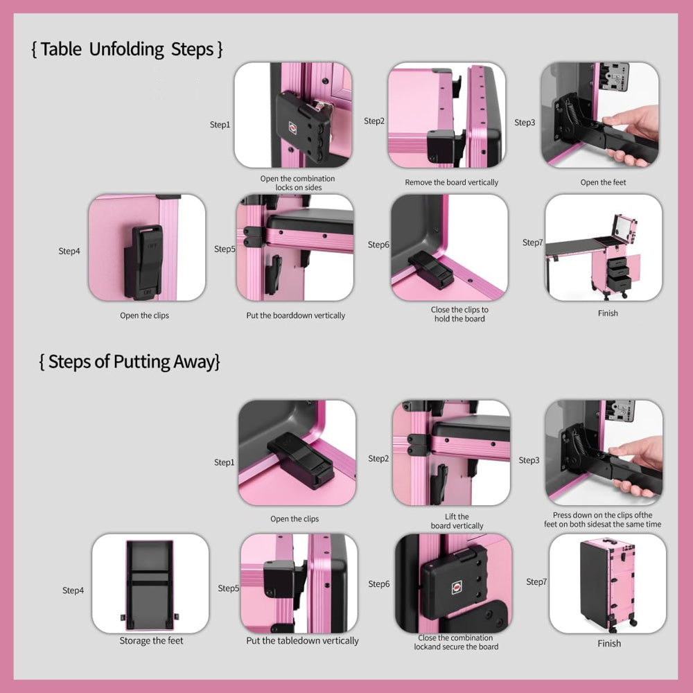 Portable Nail Art Table w/ LED Mirror, Bluetooth, Lockable Drawers, Telescopic Pole - Folding Manicure Station for Salons  (Pink)