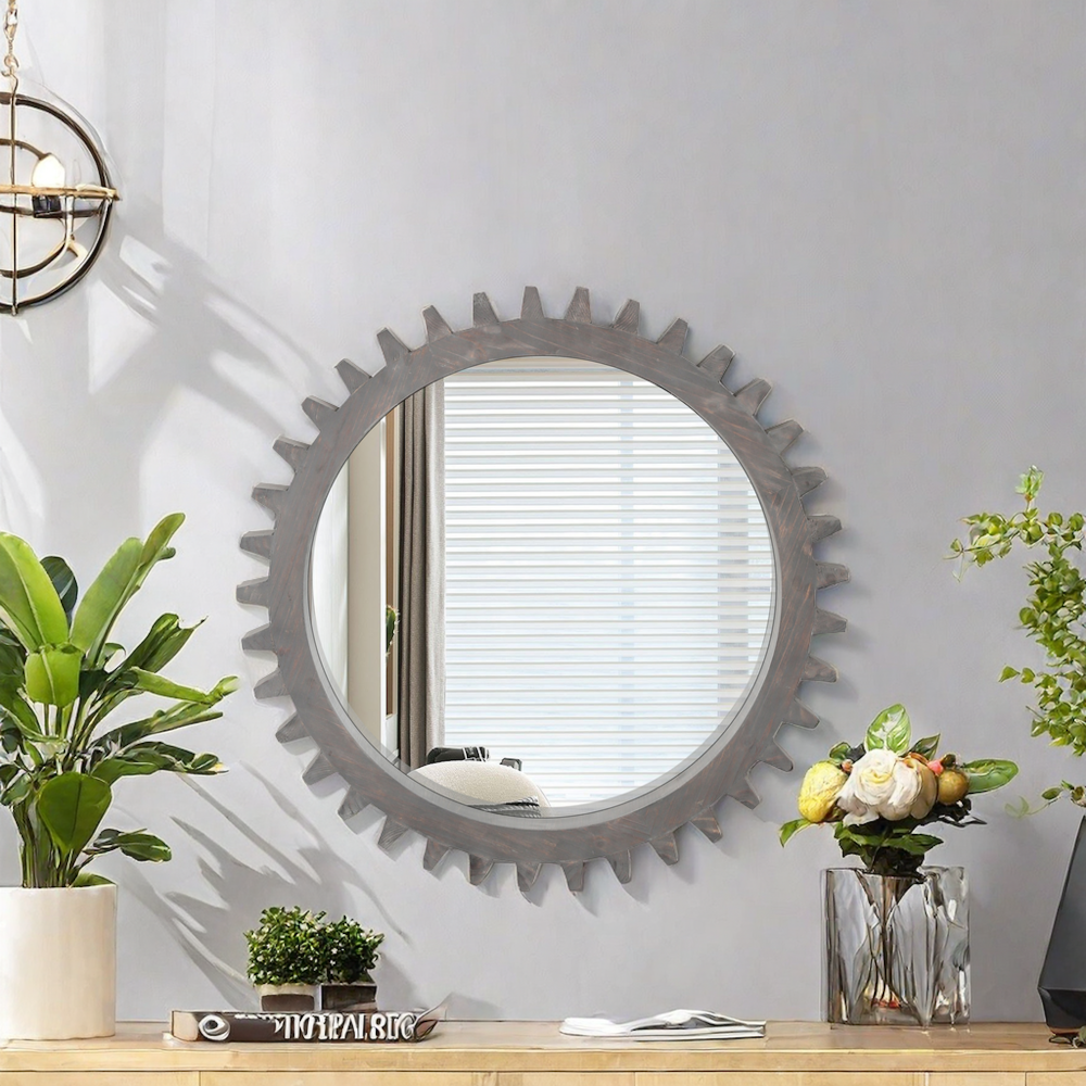 Vintage 26'' x 26'' Wall Wood Round Hanging Gear Shape Heavy Decorative Mirror For Bathroom Living Room Entryway Or Put Together To Your Liking(Antique Dark Brown)