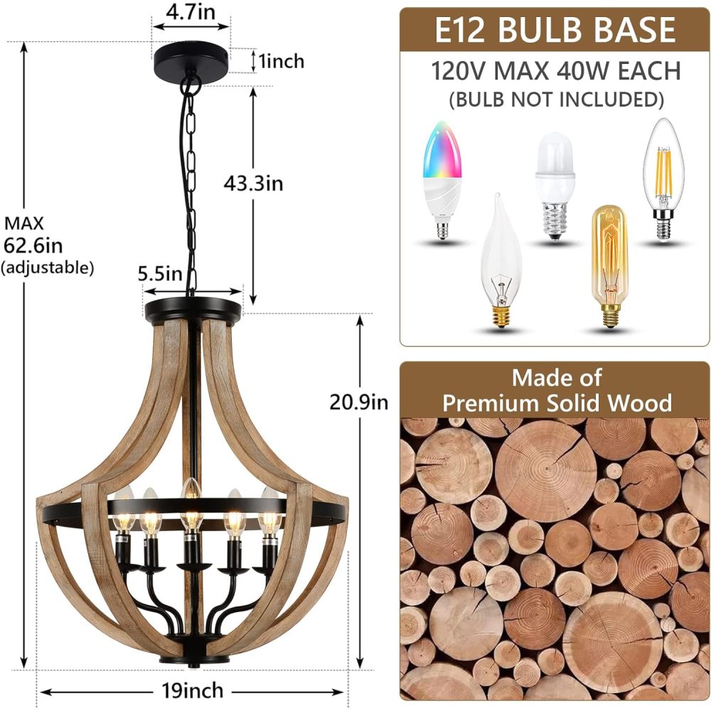 19" Farmhouse Chandelier Light Fixtures, 5-Light Dining Room Light Fixtures Over Table, Solid Wood Modern Chandeliers for Dining Room Living Room Kitchen Island Bedroom Foyer, Height Adjustable, Brown