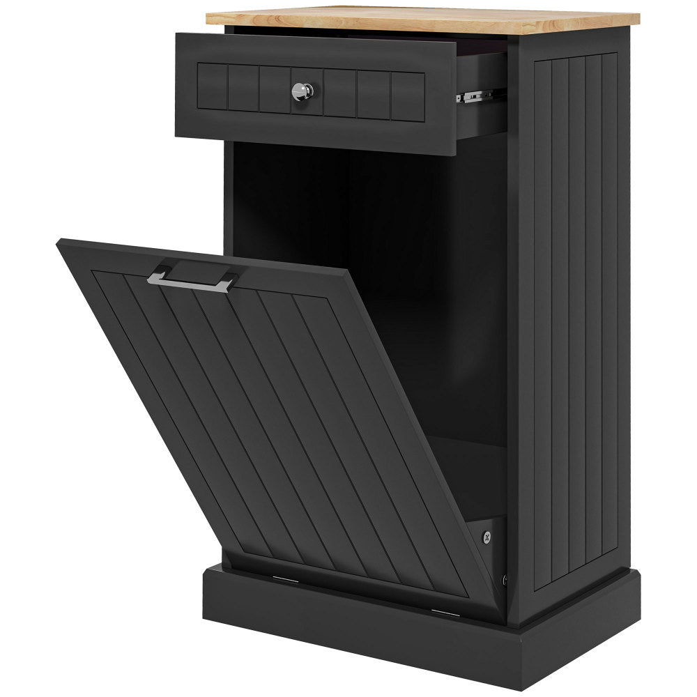 HOMCOM Kitchen Tilt Out Trash Bin Cabinet Free Standing Recycling Cabinet Trash Can Holder With Drawer, Black