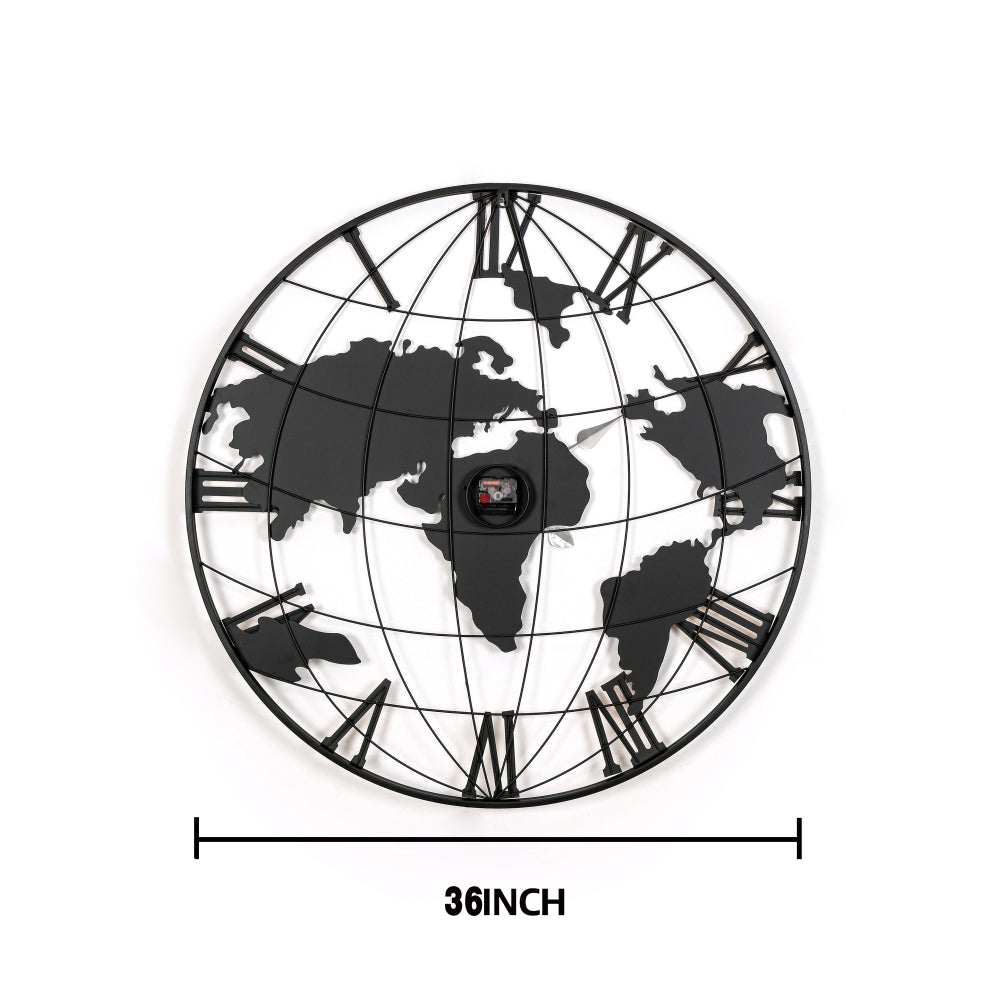36 Inch Large Black Metal Wall Clock, Modern Silent World Map Wall Clock with Gold Pointers, Decorative for Living Room, Entryway, Dinning Room, Bedroom