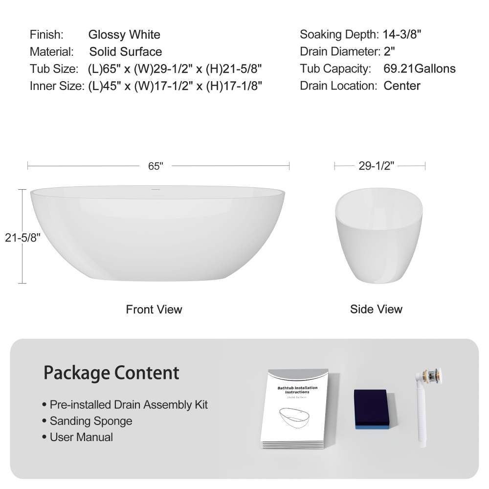 65" Freestanding Solid Surface Bathtub, Luxury Handcrafted Stone Resin Freestanding Soaking Bathtub with Overflow and Pop-up Drain, Glossy White 24S06-65GW