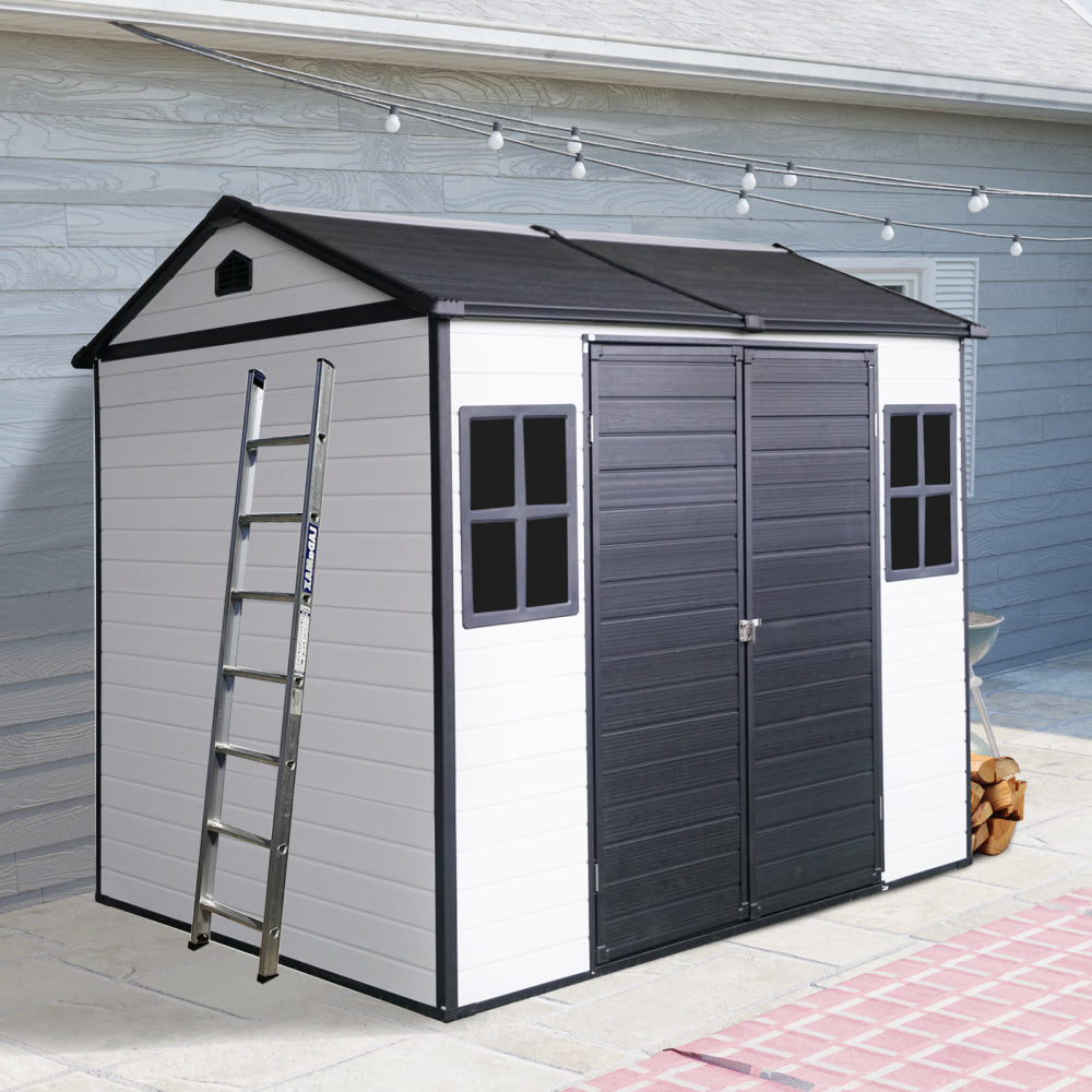8 x 6ft  Resin Outdoor Storage Shed Waterproof Shed with Floor & Two Windows & Lockable Door, Tool Shed for Garden, Patio, Backyard ,Black