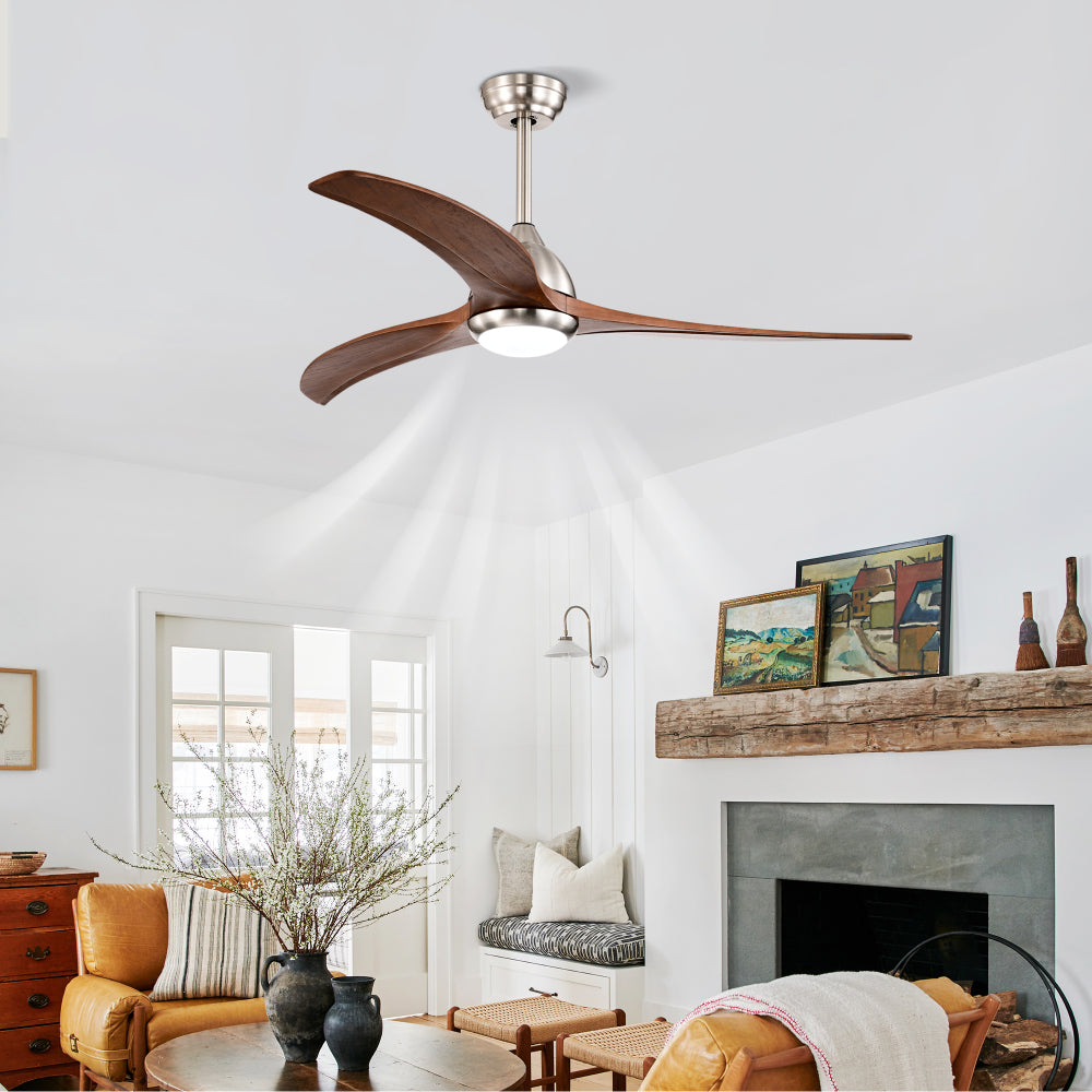 (Same SKU W1592P176970) 52" Solid Wood Blades Ceiling Fan With Light with Remote Control, Noiseless Reversible Motor, 6 Speed ,3 Color , for Patio Living Room, Bedroom, Indoor.(Stain nickel + Walnut )