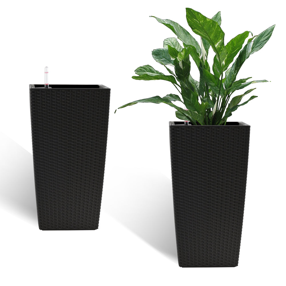 Indoor/Outdoor Modern Faux Rattan Design Square Planter, 22.6 inch White Plastic Large Planter with Automatic Watering System for Home and Garden (White, 22.6 inch - 2 Pack)
