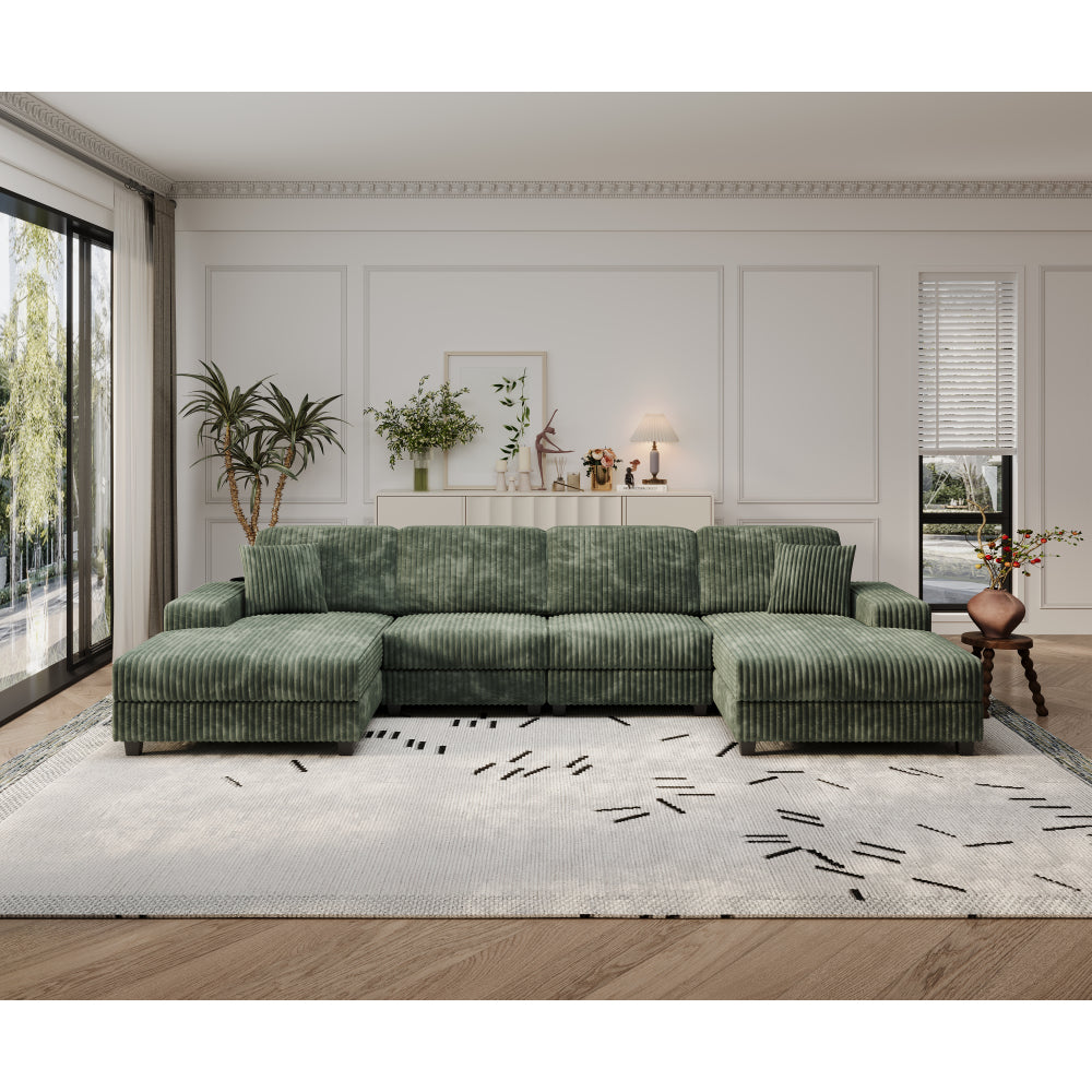 Convertible U-shaped Combination Sofa, Corduroy Fabric, Modern Comfortable Large Size 4 Seat Sofa, Living Room Double Lounge Chair ,Green