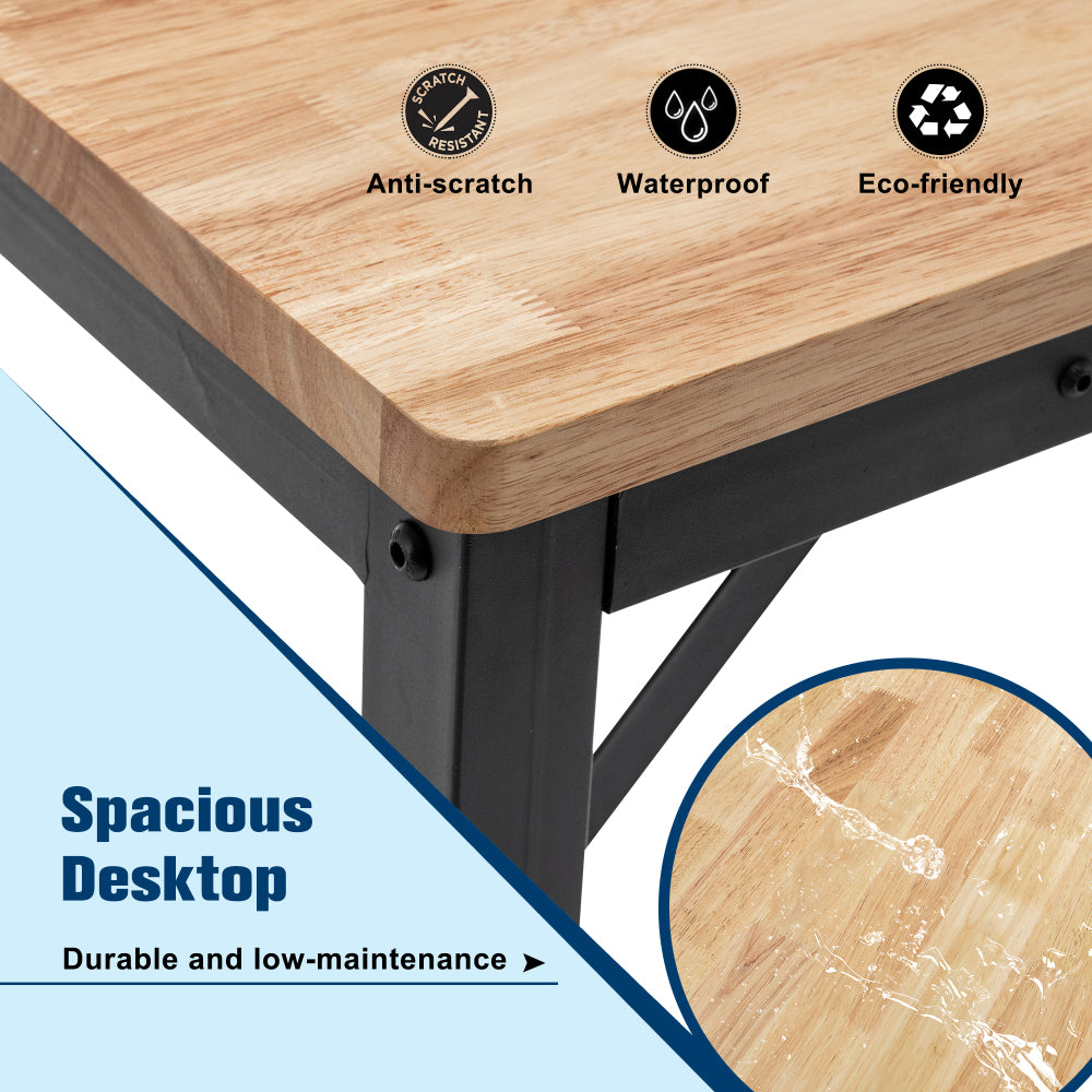 48" Heavy-Duty Adjustable Workbench for Garage, Rubber Wood shop table W/Metal Wheels, Hardwood Workstation Weight Capacity over 2000 Lbs with Wheels