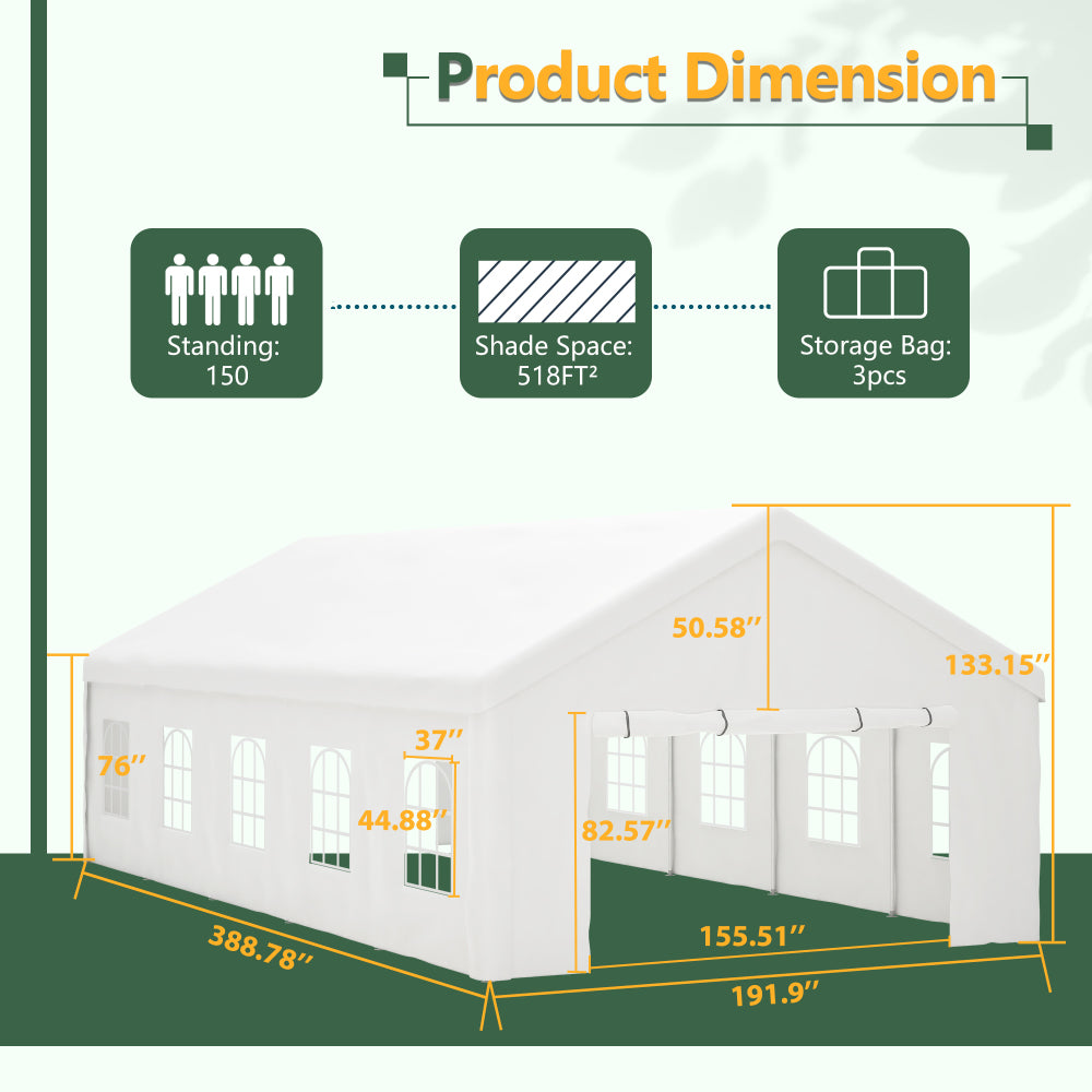 16x32 FT Party Tent with 3 Storage Bags & Removable Sidewalls, Outdoor Canopy Gazebo for Carport Camping Garden Wedding BBQ Commercial
