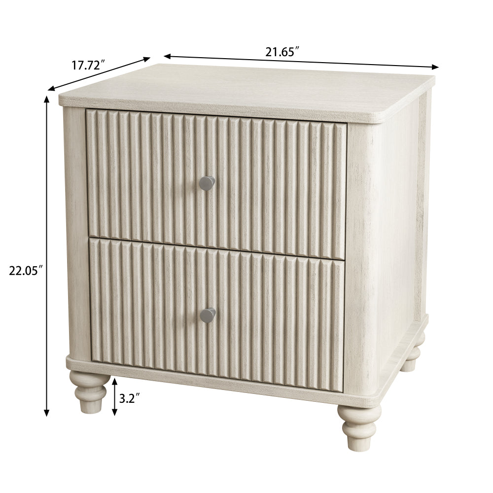 Fluted Nightstand, 21.65" Wide Side Table with 3 Drawers, Mid Century Modern Wood NightStand with Metal Handle, Wooden Bedside End Table for Bedroom, Living Room, Closet, Beige