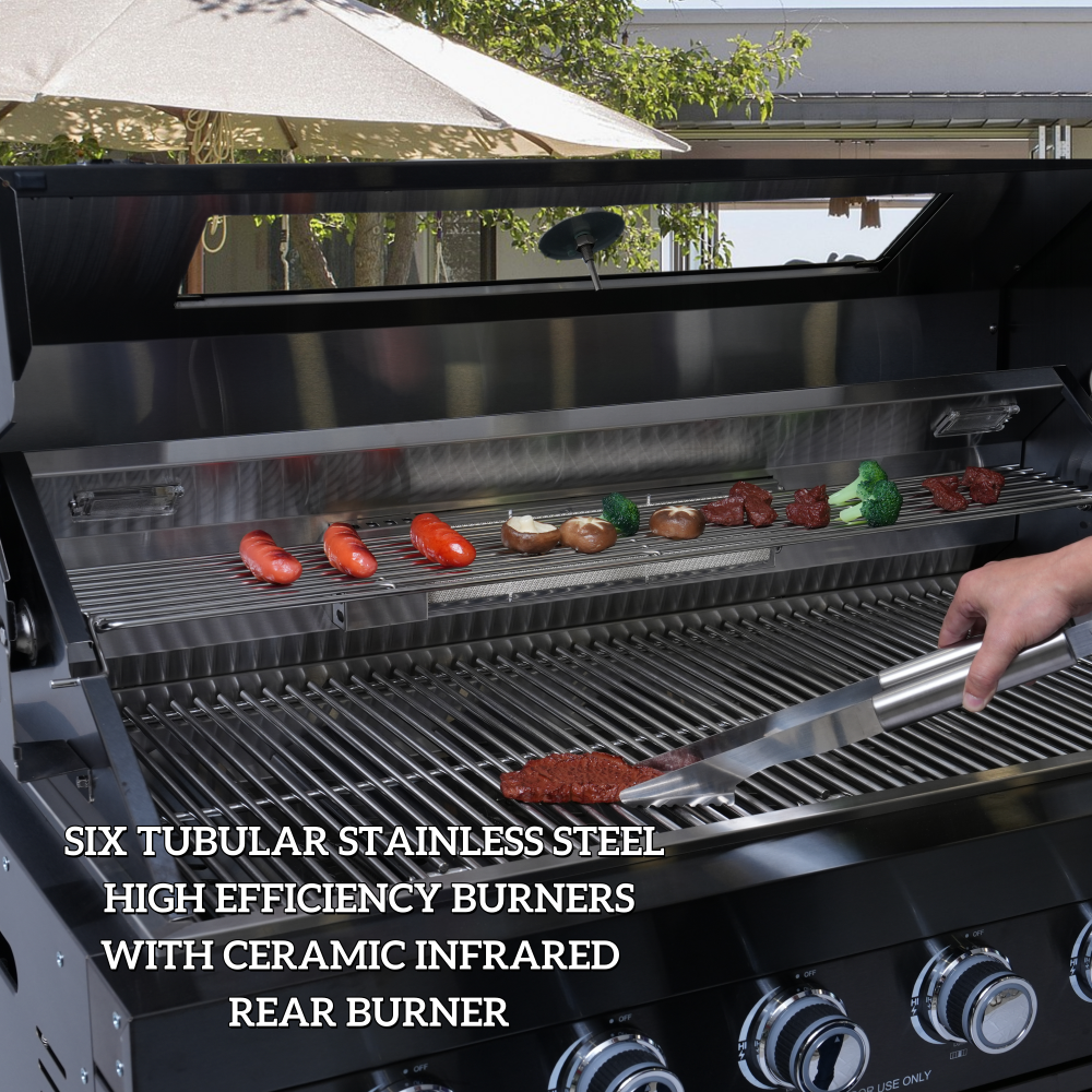 43-Inch 6-Burner 85000 BTU Deluxe Stainless Steel Gas Outdoor Kitchen Bar Barbecue Island Grill + Wine Cooler Compact Refrigerator + Rotisserie kit + Granite Countertops + Stainless steel Sink