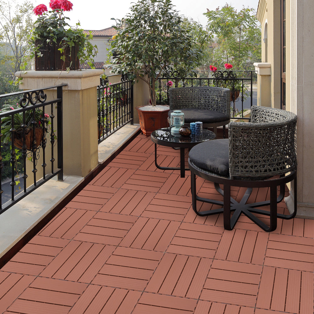 Plastic Interlocking Deck Tiles, 12.00"x12.00"(Pack of 44 ), Patio Flooring Outdoor Waterproof All Weather Use for Garden Poolside Front/Back Yard, Mahogany Colour
