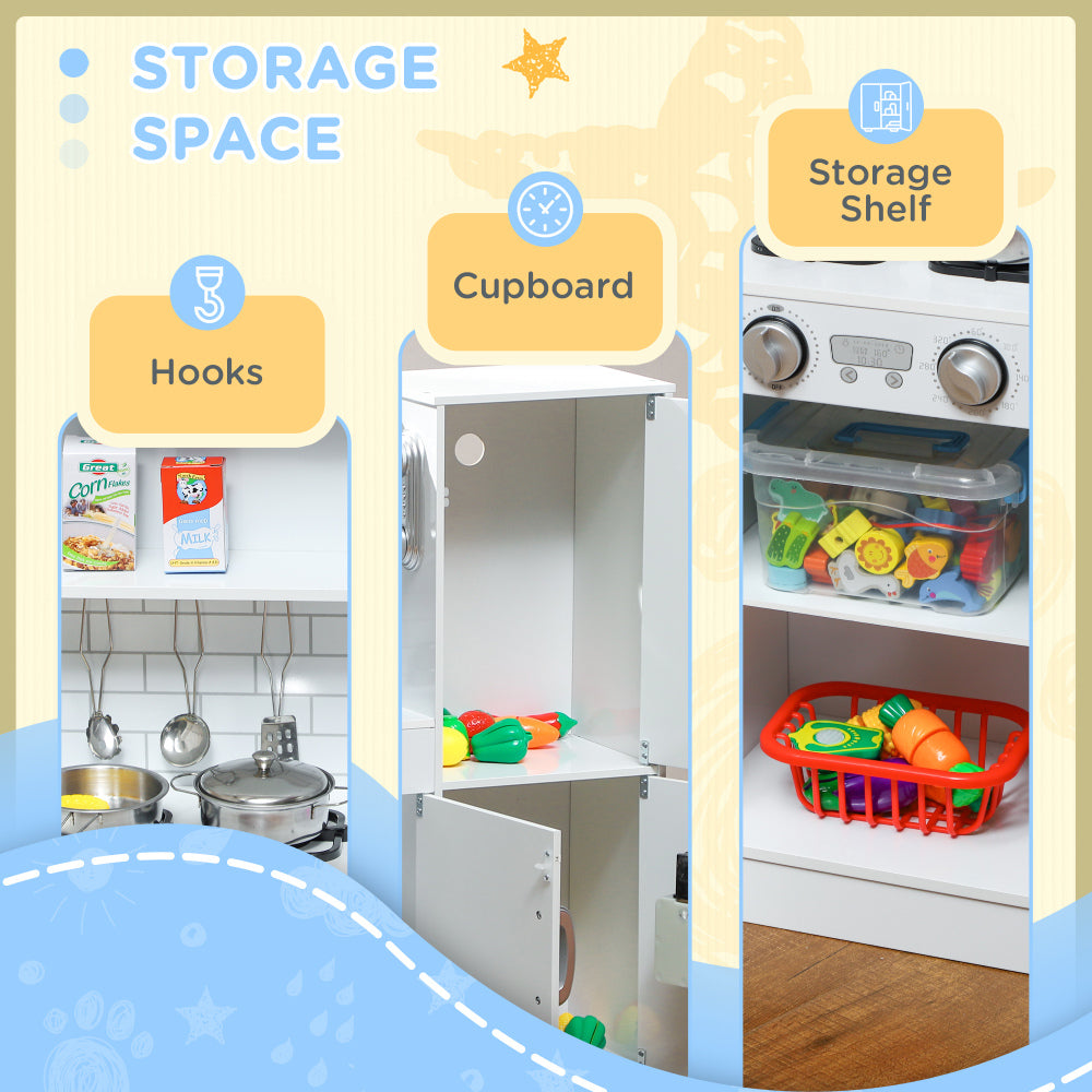 Qaba Play Kitchen, Kids Kitchen Playset Pretend Play Toy Kitchen with Play Phone, Chalkboard, Towel Rack, Ice Maker, 5 Accessories, Storage Space, Microwave & Sink, Gift for 3-8 Years, White