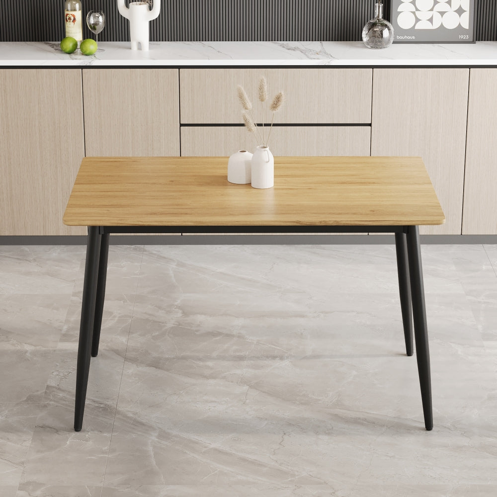 Modern minimalist wood grain tabletop dining table and chair 4-piece set, stylish dining table, kitchen dining table, sturdy and durable, easy to assemble, black metal leg design, suitable for 4-6 peo