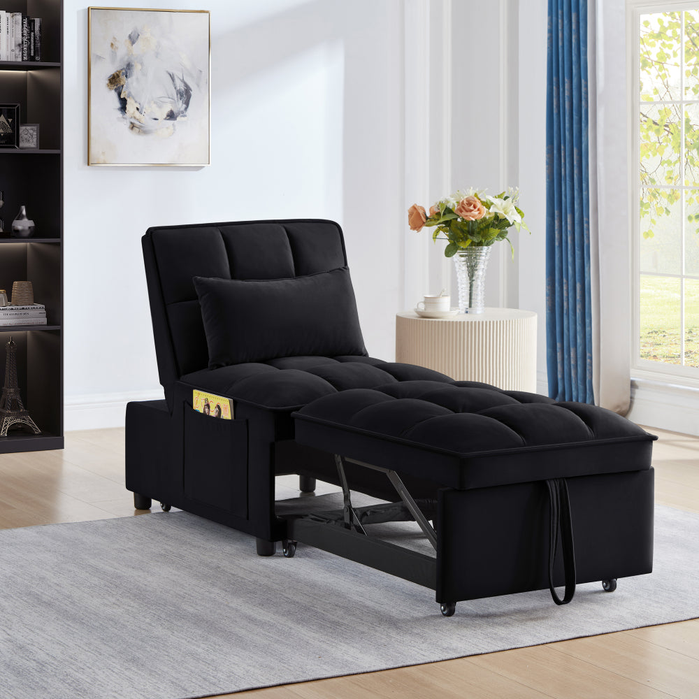 4 in1 Multi-Function Single Sofa Bed with Storage Pockets,Tufted Single Pull-out Sofa Bed with Adjustable Backrest and Pillows ,Convertible  Chaise Lounge,Black