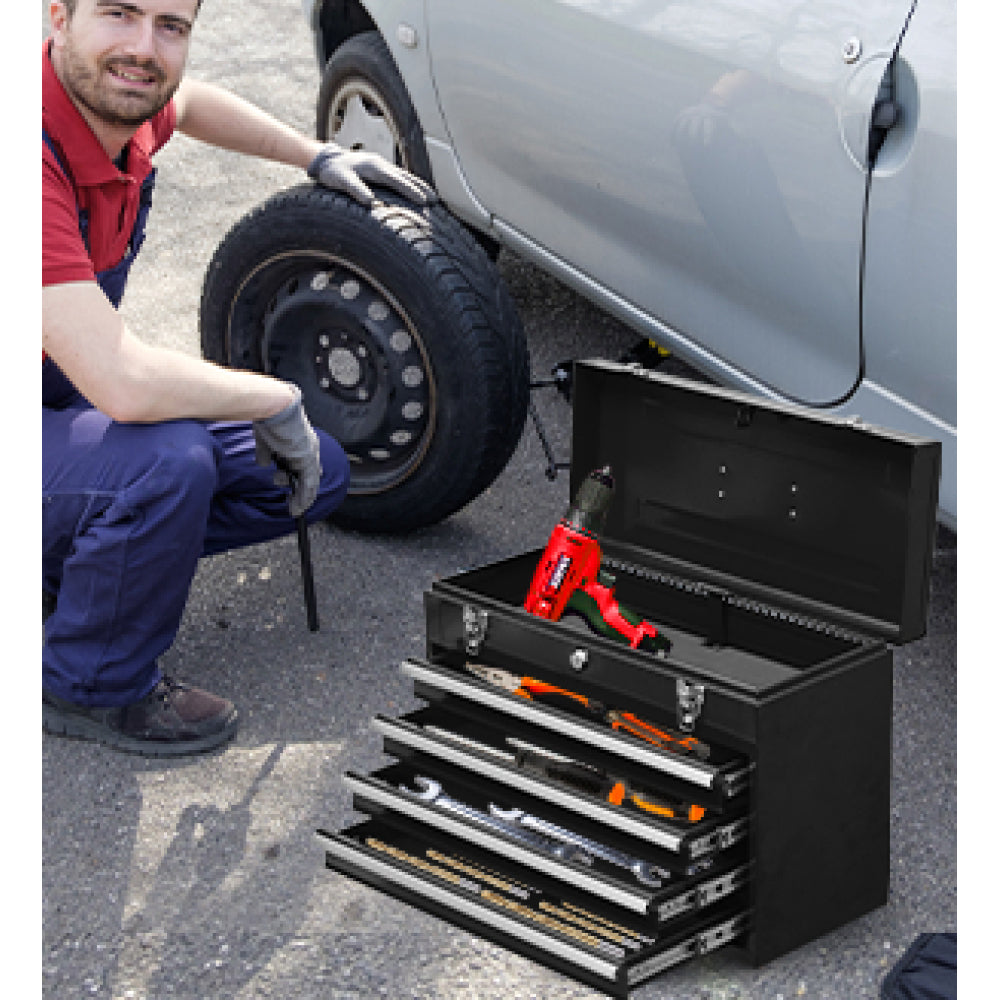 Metal Tool Box with 4 Drawers Portable Steel Tool Chest with Metal Cylinder Lock and Latch Closure, Liner, Powder coating, suitable for Garage, Warehouse and Outdoor Repair job-Black