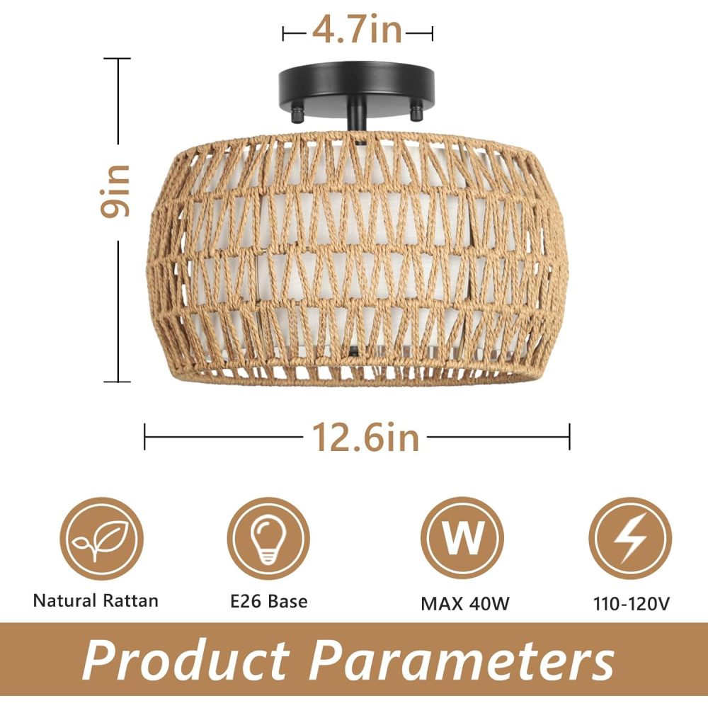 Boho Light Fixtures Ceiling Mount, Rattan Semi Flush Mount Ceiling Light, Farmhouse Light Fixtures with Fabric Shades, Kitchen Close to Ceiling Light Fixtures for Living Room Bedroom Hallway