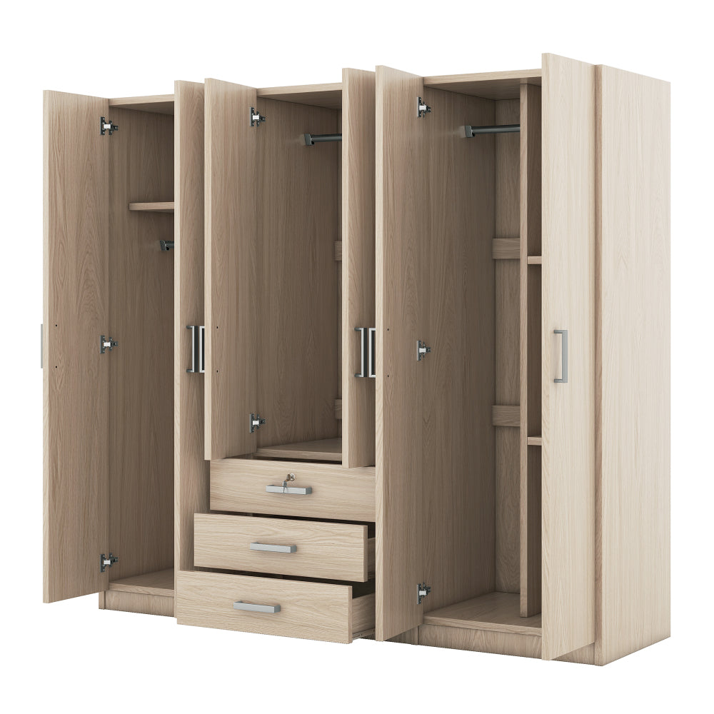 6-Doors Wooden Wardrobe Storage for Bedroom, with Big Drawers, Brown