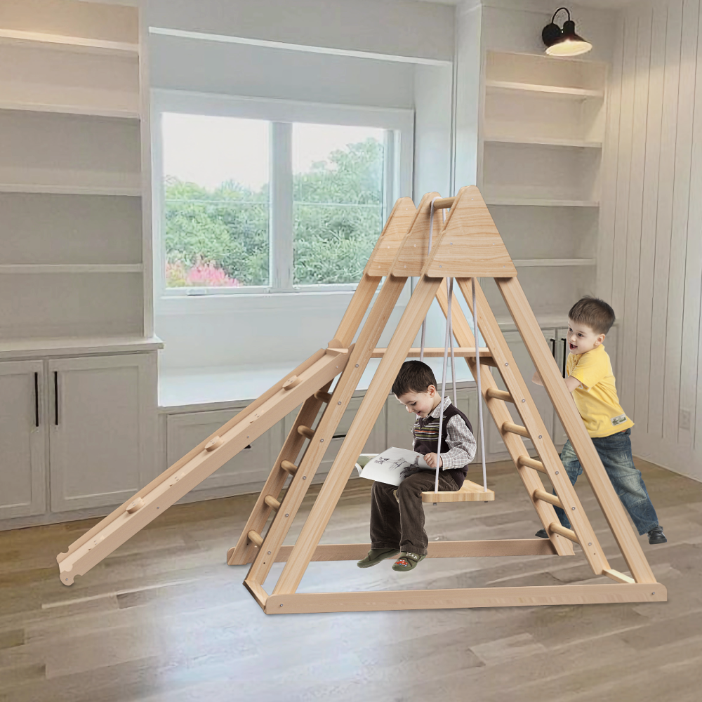 4-in-1 Juniper Indoor Play Gym - Jungle Gym Playset with Baby Swing, Slide, Ladder, and Climbing Wall - Foldable Wooden Playset - Indoor Jungle Gym for Kids