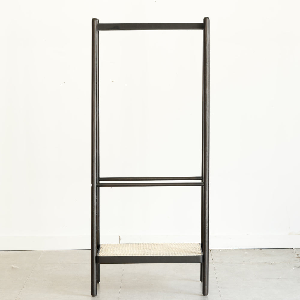 (Black) Solid Oak Wood Clothes Rack, Black Rattan Hanger Rack-clothes Rack with Shelves, Cloth Hanger Standing Garment Racks for Hanging Clothes