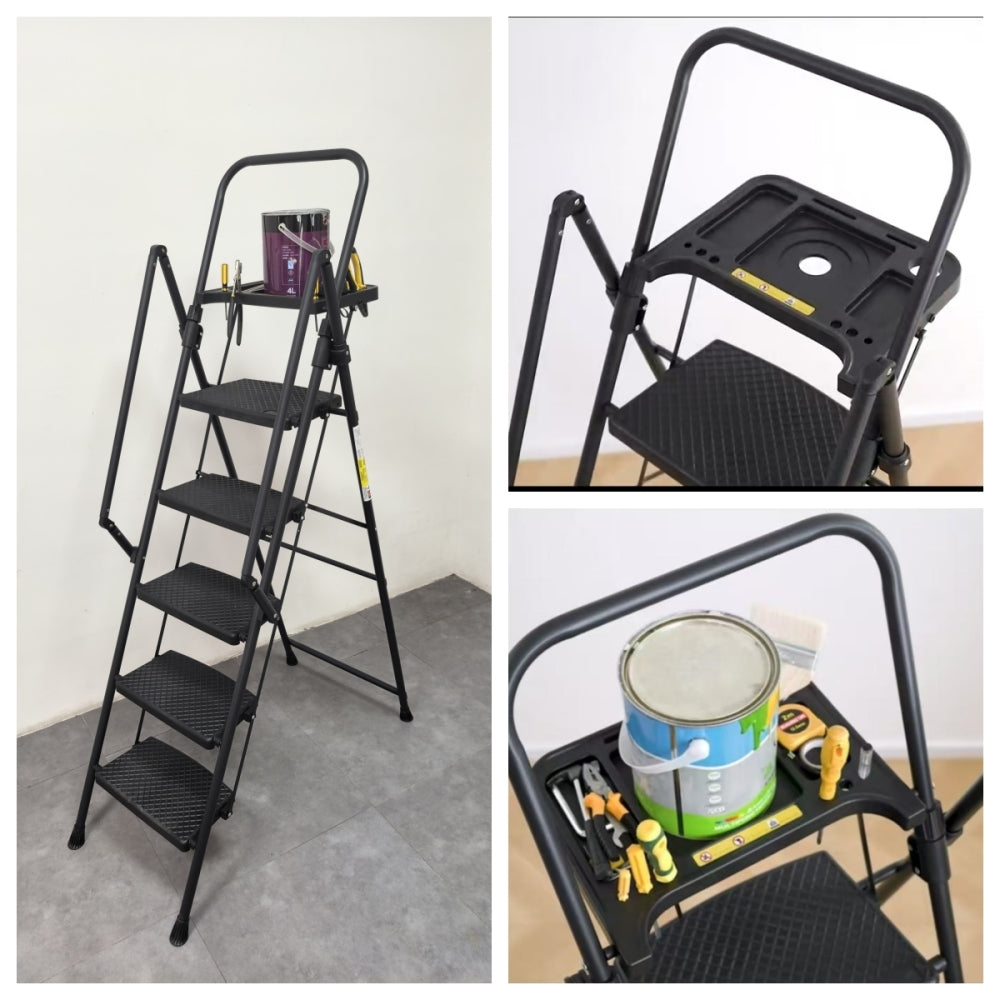 5-step ladder, foldable step stool with tool tray and wide non slip pedals, sturdy steel ladder, convenient handrails, lightweight portable steel step stool
