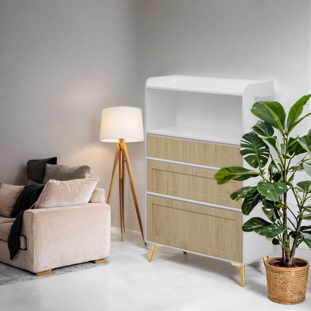 Modern Design Three Drawer Storage Cabinet,Bedroom Clothes Storage Can Be Used in Dining Room, Kitchen, Bedroom. White Solid Wood Frame