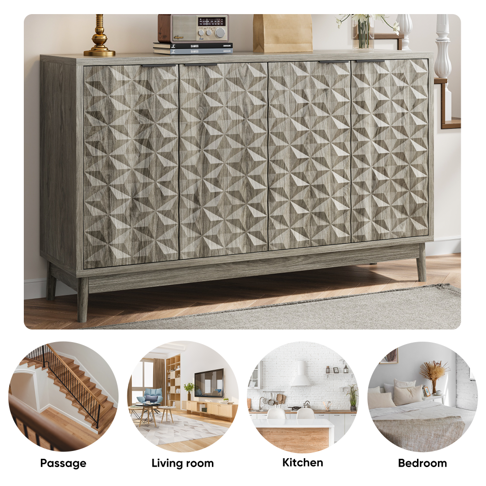 Modern Style Buffet Cabinet,Sideboard Buffet Cabinet With Storage,Storage Cabinet with 4 Diamond-shaped relief Doors For Living Room,Dining Room,Entryway,Hallway,Kitchen,Grey