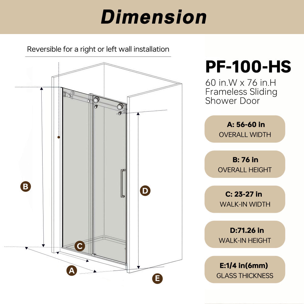 Frameless Single sliding shower door  56-60 "W x 76" H, 1/4 "(6 mm) Clear Tempered Glass, Explosion Proof Film, Stainless Steel Handle Square Tube Track ,Matte Black
