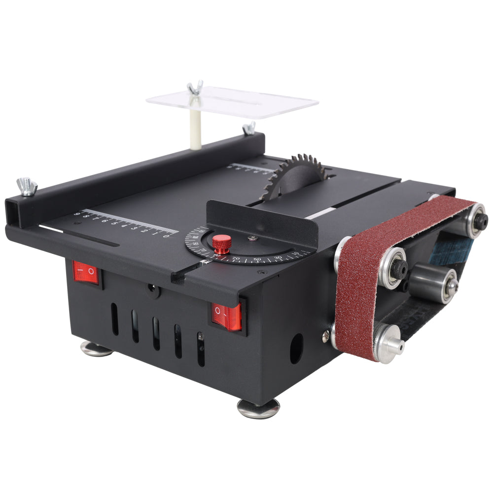 Mini Table Saw,Belt Sander,4pcs Blades,10pcs Sanding Blet,7 Gear Adjustable 0-90° Angle, Available for Wood/PCB/Acrylic/Plastic,DIY Model Crafts Cutting Tool