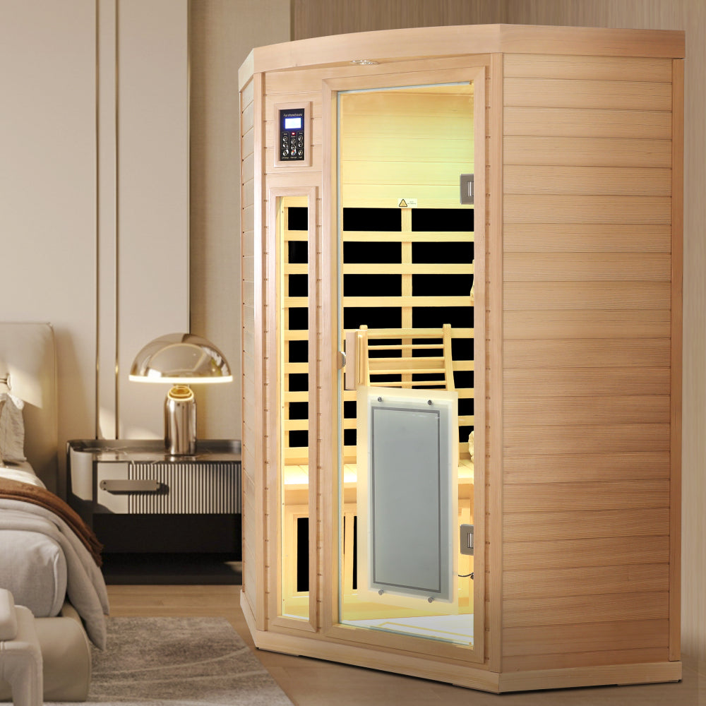 Low EMF Front door with heating panel Two persons Hemlock Far infrared corner Indoor sauna room