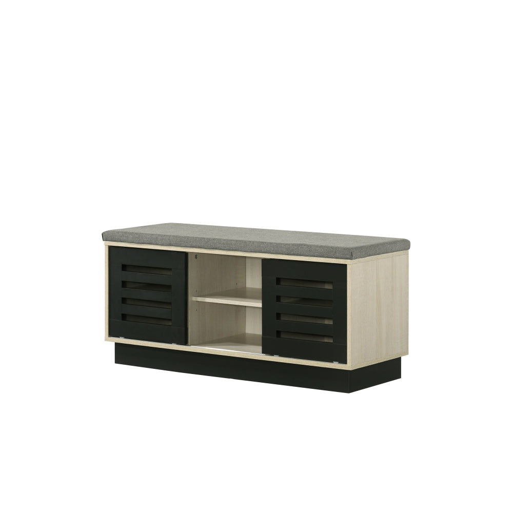 Brett 38.5"W Oak Finish Shoe Cabinet with Sliding Doors, Upholstered Top