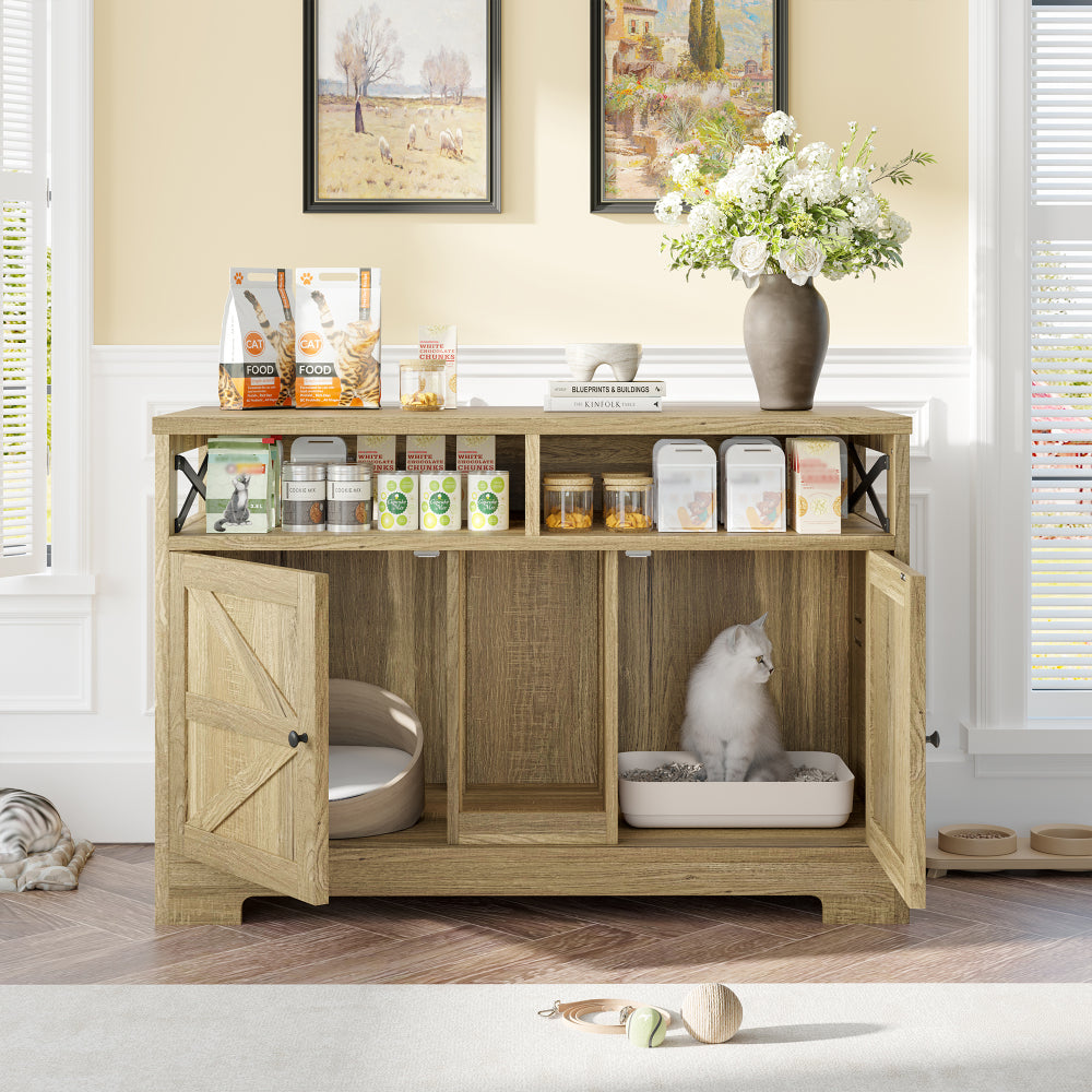 GO Cat Litter Box Enclosure for 2 Cats, Double Hidden Litter Box Furniture Cat Washroom, Farmhouse Indoor Cat House End Table, Brown