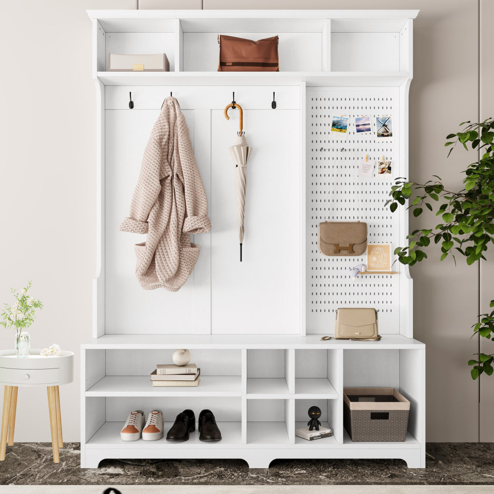 Multi-purpose Hallway Hall Tree with Removable Linen Cushioned Entryway Bench, Coat Rack, Storage Shelves, and DIY Pegboard,for Hallways, Living Room, White