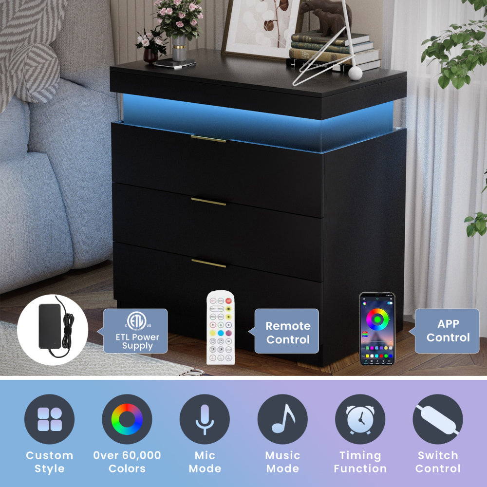 Nightstand with Charging Station and LED Lights,Night Stand with Sliding Top for Bedroom,Bedside Table with Drawers,Modern End Side Table,Black.28.8''W x 17''D x 30.5''H.