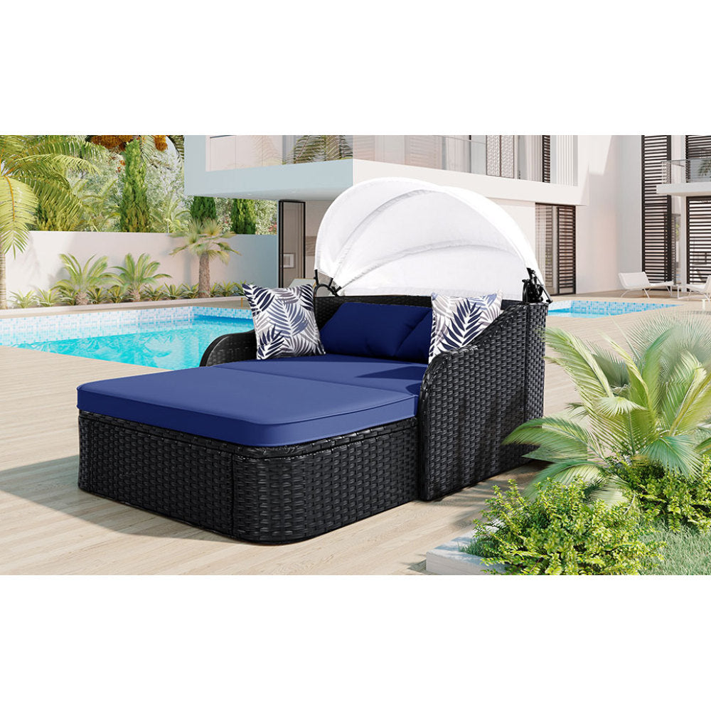GO 79.9" Outdoor Sunbed with Adjustable Canopy, Double lounge, PE Rattan Daybed, Black Wicker and Blue Cushion