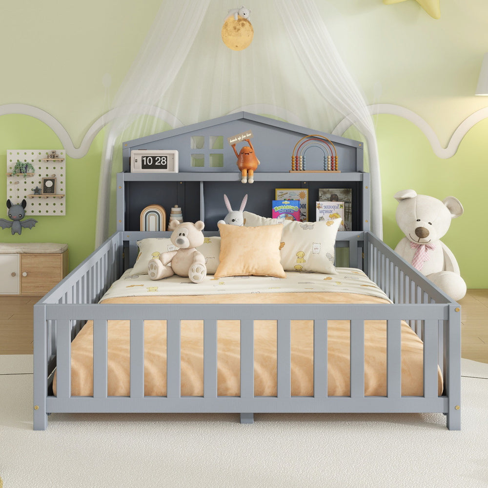 Full-size Montessori Floor Bed with Bookcases and Blackboards, Versatile Platform Beds with Guard rails, Solid Wood Floor Beds with Storage Headboards, Floor Beds for Kids and Teens Grey
