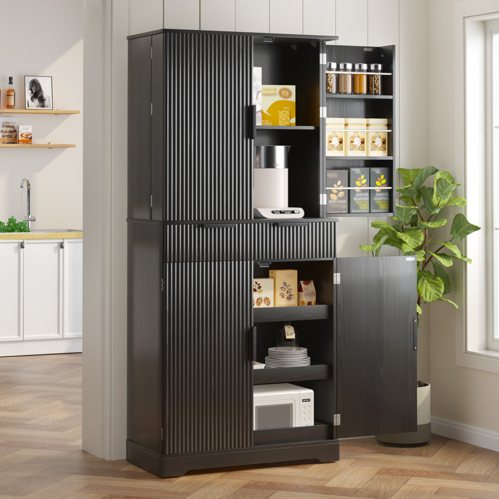 72" Fluted Kitchen Pantry Cabinet with 3 Keyboard Drawers & 6 Door Shelves Adjustable, Freestanding Cupboard Storage Cabinet for for Bathroom Diningroom, Office, Entryway, Black