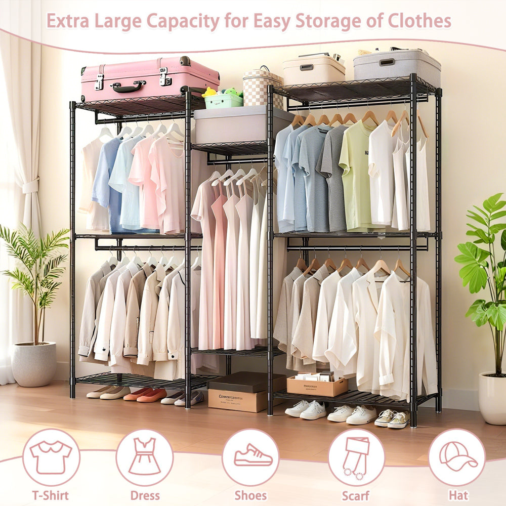 Heavy Duty Garment Rack, Freestanding Closet Organizer, Portable Wardrobe Clothes Rack, Adjustable Wire Shelving Clothes Rack with 8 Adjustable Wire Shelves and 5 Clothes Rails, Black