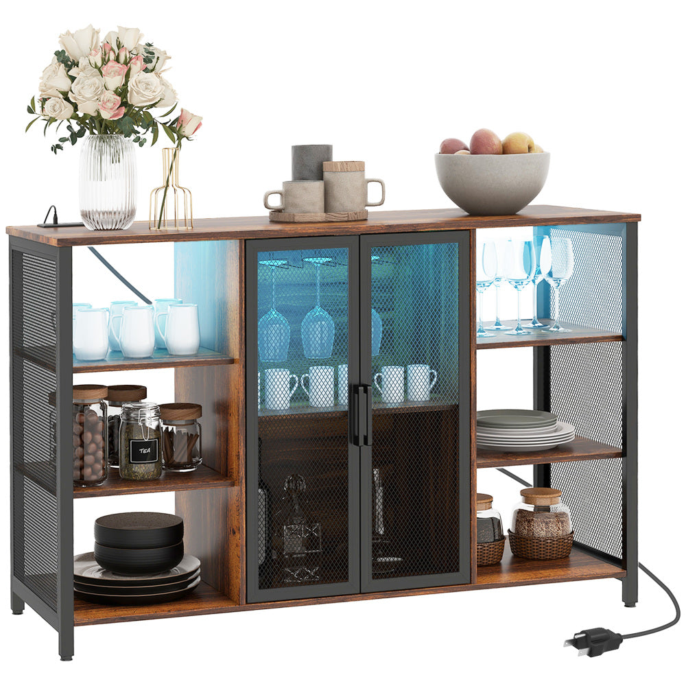HOMCOM LED Wine Cabinet with Charging Station Glass Holders, Rustic Brown