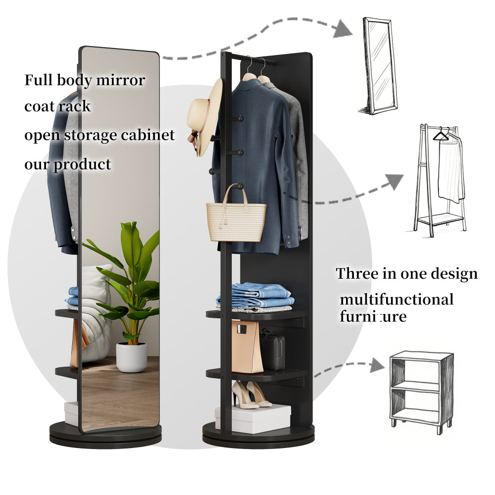 360° Rotating 66"x14" Multifunctional Full Length Mirror with Hook Storage Rack Coat Rack with Mirror Solid Wood Floor Mirror Bedroom Living Room Cloakroom Space Saving(black)