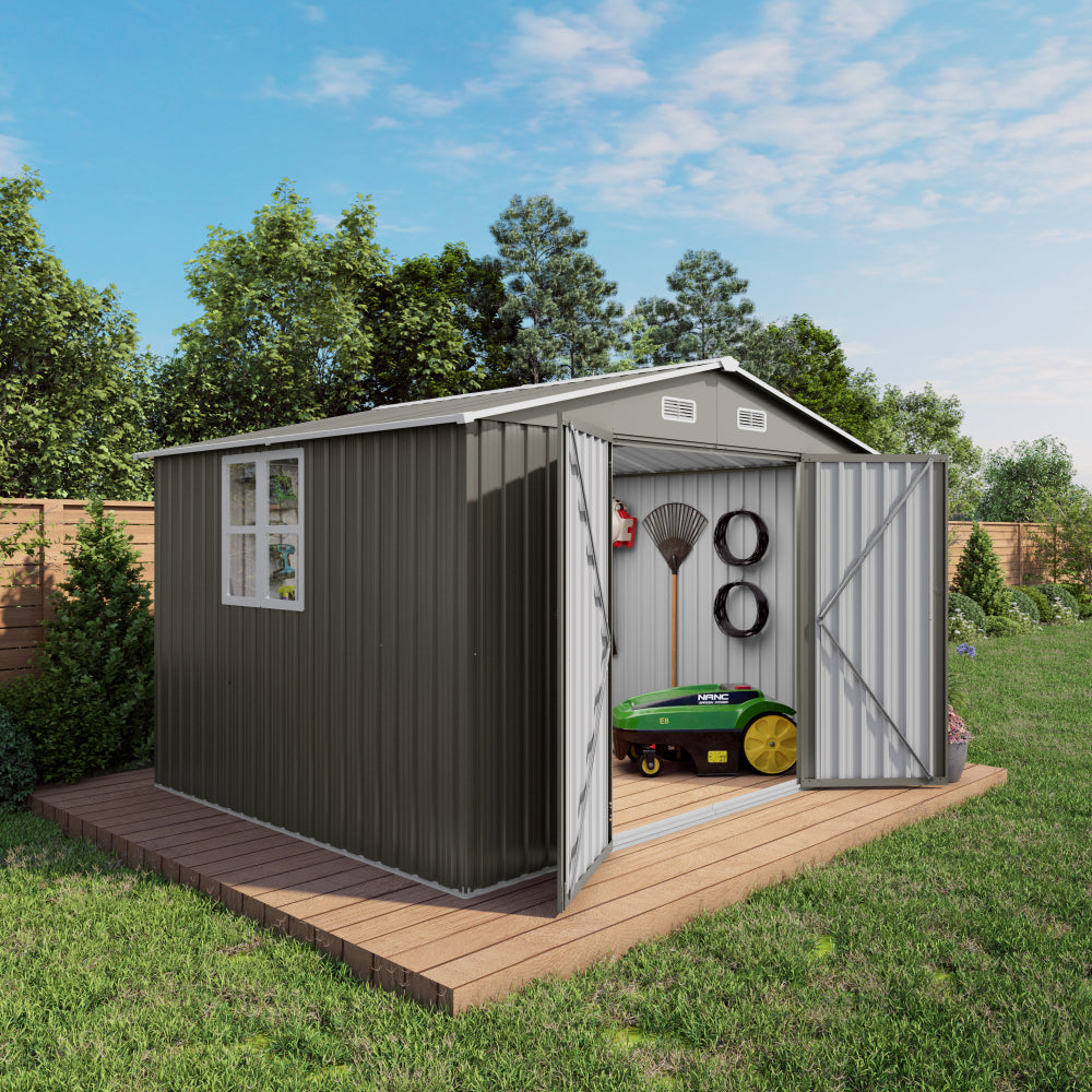 10x12FT Outdoor Storage Shed Large Metal Garden Shed with Double Door Two Window Waterproof Tool Shed for Backyard Patio Lawn Poolside ,Grey