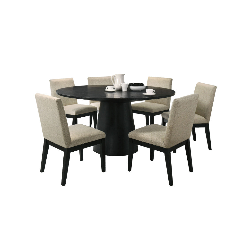 Jasper Ebony Black 7 Piece 59"W Round Dining Table Set with Pedestal Base and Beige Fabric Chairs