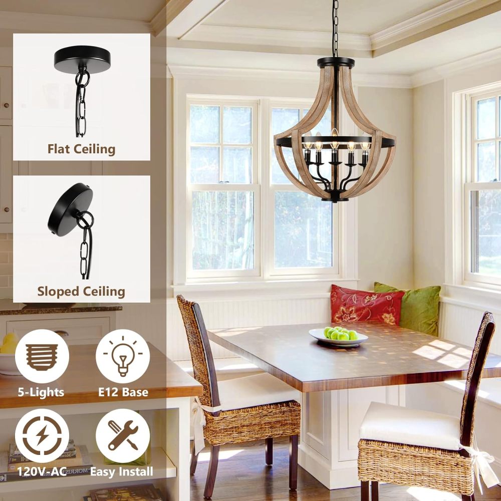19" Farmhouse Chandelier Light Fixtures, 5-Light Dining Room Light Fixtures Over Table, Solid Wood Modern Chandeliers for Dining Room Living Room Kitchen Island Bedroom Foyer, Height Adjustable, Brown