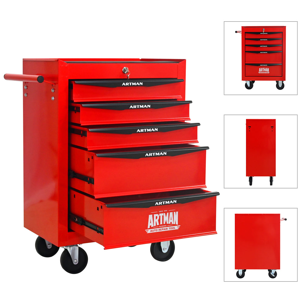 Rolling Metal Tool Chest with 5 Drawers, 20" 5-Drawer Tool Chest Cabinet with Ball Bearing Drawer Slides, Steel Tool Storage Box Organizer -Red&Black