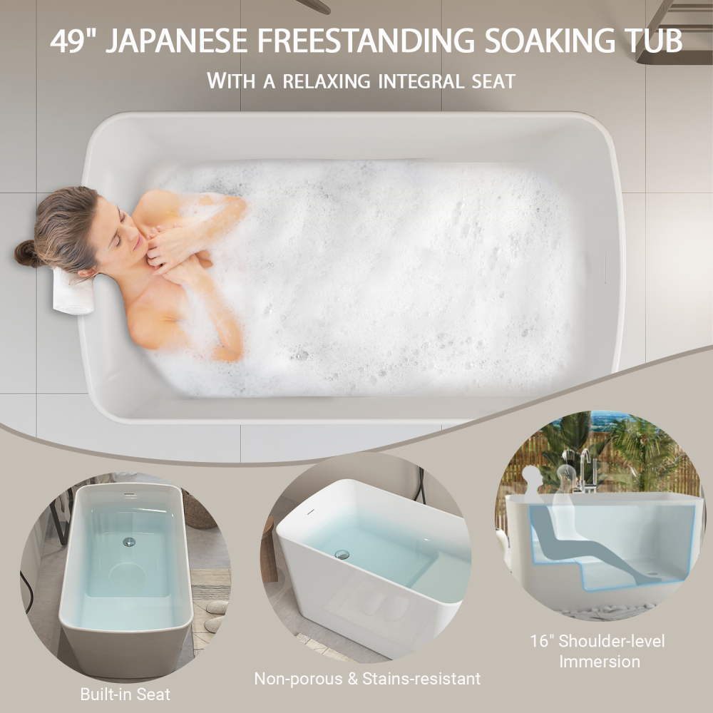 49'' Acrylic Freestanding Soaking Bathtub, Square-shape Japanese Soaking Hot Tub, Sit-In Design with Chrome Overflow and Drain for Express Delivery, Glossy White 23AMAZING-49 (W1920P179228)